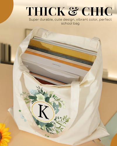 Image of AUSVKAI Canvas Tote Bag for Women, Cute Aesthetic Leaf Initial Trendy Cotton Reusable Personalized Birthday Bags