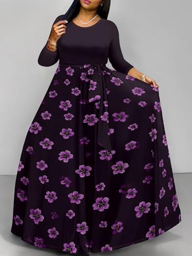 Image of PinkPatty Women's Long Sleeve Maxi Dress Plus Size Trendy Wedding Guest Dress with Pockets&Belt