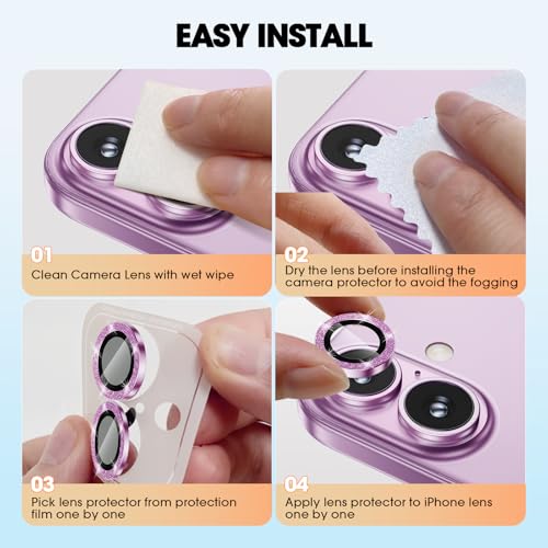 Image of for iPhone 16 /16 Plus Camera Lens Protector Bling Individual Metal Glitter Ring 9H Hardness Scratchproof Protector, Stylish Phone Accessories, Case Friendly (Glitter Pink)