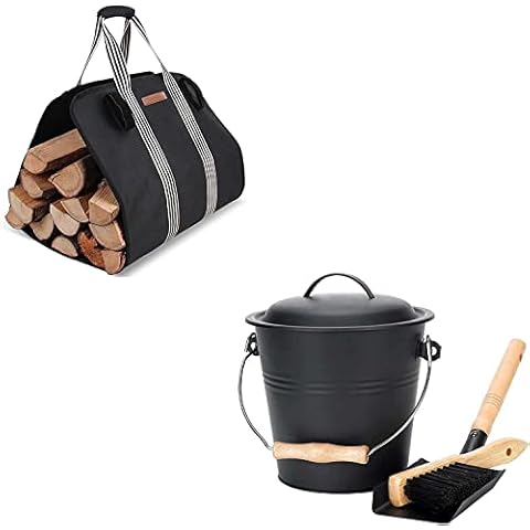 MYFIREPLACEDIRECT Mini Ash Bucket with Lid and Indoor Heavy Firewood Log Carrier Tote Cover