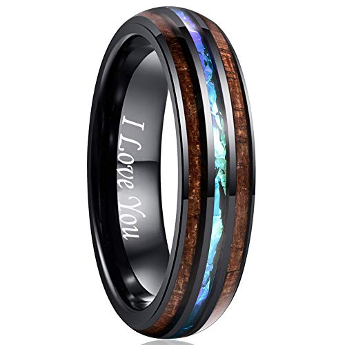 VAKKI 6mm Blue Inlay Wedding Rings Koa Wood Black Tungsten Engagement Bands for Men Women Size 14