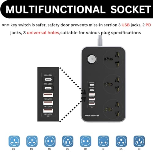 Image of Multi Plug Extension Board | 3 Universal Sockets + 5 USB Charging Ports | 2M Wire | Power Strip for Home, Office & Electronics
