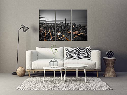 Chicago Skyline Canvas Wall Art, Illinois Skyscraper Wall Decor Framed Picture Black And White City Posters Cityscape Painting For Home Living Room Bedroom Decoration 3 Piece Prints Ready To Hang(36''Wx24''H) #TOP1