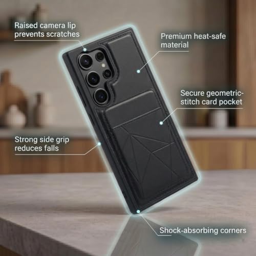 Image of amazon basics Premium Vegan Leather Back Cover with Card Holder and Integrated Mobile Stand for Samsung Galaxy S23 Ultra 5G - Slim Shockproof Wallet Case with Geometric Stitching [Black]
