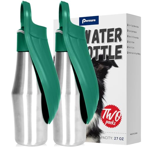 Dog Water Bottle, Portable Dog Water Bottle Dispenser - 27 OZ Stainless Steel Leak-Proof Water Bottle for Dogs On The Go, Perfect for Travel, Walking, Hiking and Outdoor Activities (2-Pack Green)