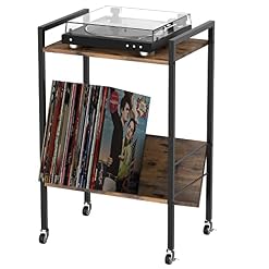 YBING Record Player Stand 2-Tier Record Player Table with Album Storage Shelf Turntable Stand with Metal Frame and Wheels, Brown - Les Beatles, Paul McCartney, John Lennon, RIngo Starr, George Harrison