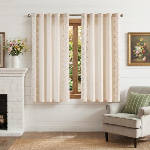 Image of jinchan Beige Floral Linen Kitchen Tier Curtains 50x54 Inch 2 Panels