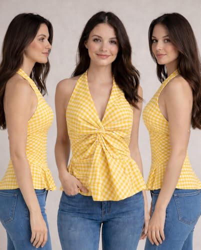 Image of Muhib Women's Halter Neck Sleeveless Cotton Top | Black & White Gingham Check Twist Front Summer Top | Stylish Casual Crop Blouse for Women