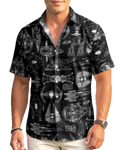 Image of 99TIMORO Warship Hawaiian Shirt, Xmas Gift, Wars Movie Button Short Sleeve Top, Character Theme, Holiday Outfits, Black Space Pattern