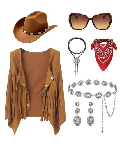 Cowgirl Outfits for Women Cow Girl Cowgirl Vest Costume Outfit Hat Accessories Sets (Brown XX-Large)