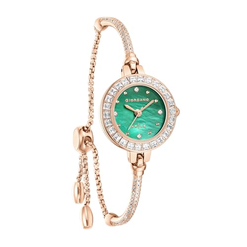 Image of Giordano Arias Lara Dutta Signature Collection Analog Quartz Watch for Women with Mother-of-Pearl Dial, Baguette-Cut Crystal Studded Bezel and Adjustable Chain Bracelet Strap