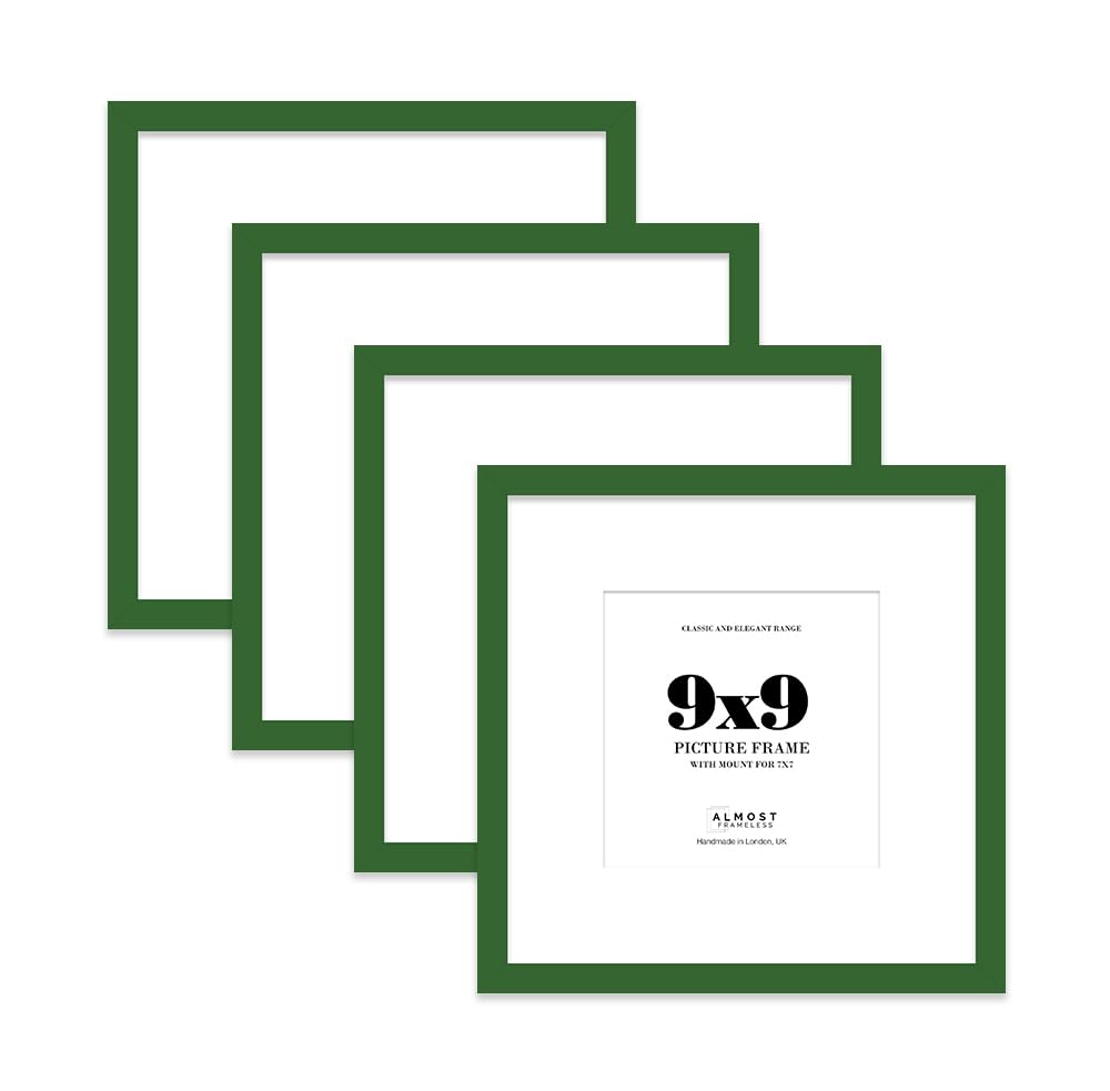 9x9 Green Picture Frame with Mount for 7x7 Photos, Prints - Modern Square Wall Frame, Set of 4