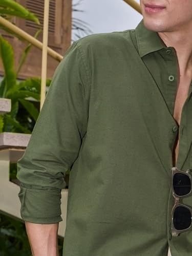 Image of Bewakoof Mens Solid Regular Fit Full Sleeve Collar Cotton Linen Blend Shirt