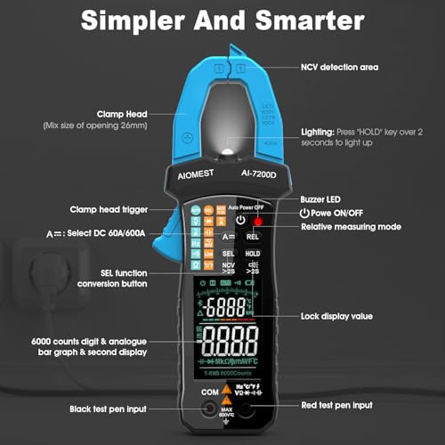 Image of AIOMEST Digital Clamp Meter, 6000 Counts Handheld Multimeter Slim Voltage Tester Auto-Range 60A /400A True-RMS w /NCV, DC & AC, Temp, Volt Ammeter AI-7200D