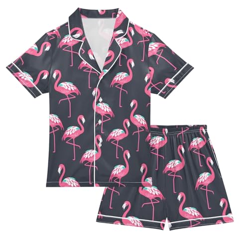 Pink Flamingo Style Summer Satin Pajama Set, Cute Button-Down Sleepwear Pj Set for Sleep Wears