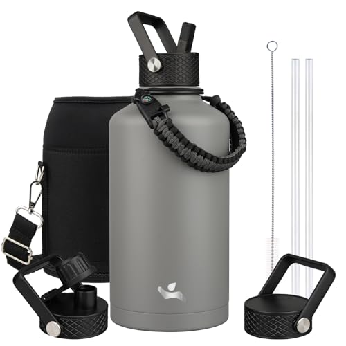 Konokyo Insulated Water Bottle with Straw,87 oz 3 Lids Water Jug with Carrying Bag,Paracord Handle,Double Wall Vacuum Stainless Steel Metal Flask,Gray by Konokyo - Used condition - US$19.11