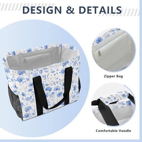 linqin Dreamy Blue Cornflowers Utility Bags with Handles Collapsable Resusable Shopping Bags Water Resistant for Travel4