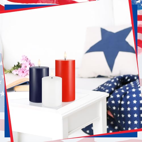 Image of Hiboom 3 Pcs 4th of July Flameless Candles Patriotic Red White and Blue LED Flameless Pillar Candles Real Wax Multicolor Fake Battery Operated Wedding Decor, H 3.94 inch 4.92 inch 5.91 inch x D 2.95 inch