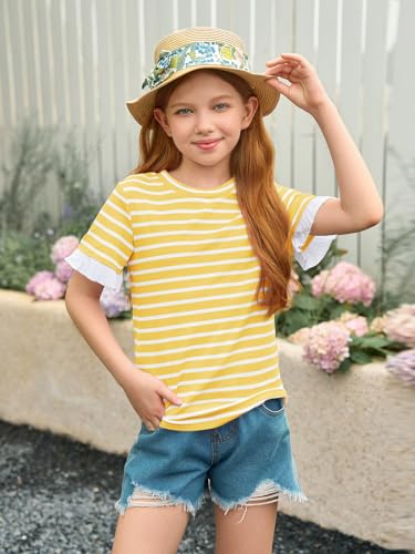 Image of Haloumoning Girls Striped Ruffle Short Sleeve T Shirts Kids Summer Crewneck Tops Casual Tees 5-14 Years