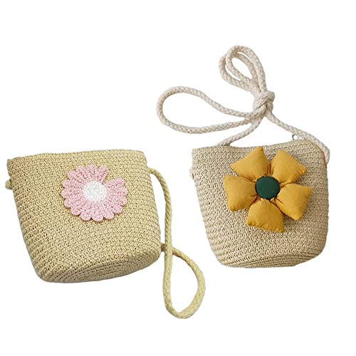 Straw Plaiting Article Shoulder Bag 2 Pieces With Cute Pattern,Pink Daisy Flower Decor