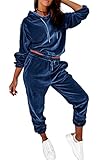 PRETTYGARDEN Women's Velour Tracksuits Set Hooded Pullover Sweatpants Long Sleeve 2 Piece Joggers Outfits (Blue,Medium)