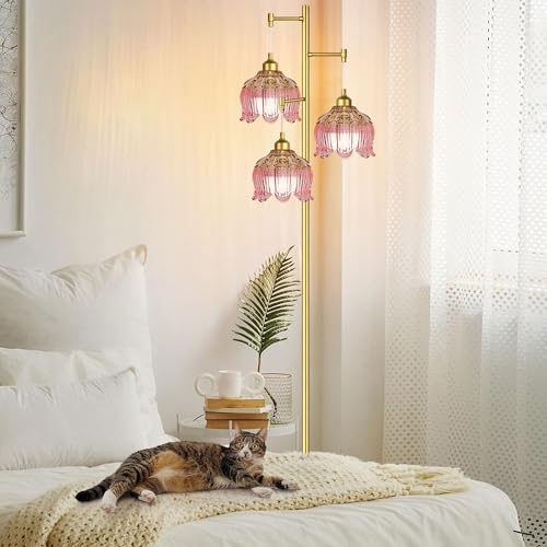 Image of QIYIZM Pink Floor Lamp for Living Room,Bedroom,Gold Mid Century Modern Standing Lamp Brass Tree 3 Light Tall Floor Lamps Vintage Retro Floor Lights Glass Flower Lamp Shade Girls Kids Boho Bohemian