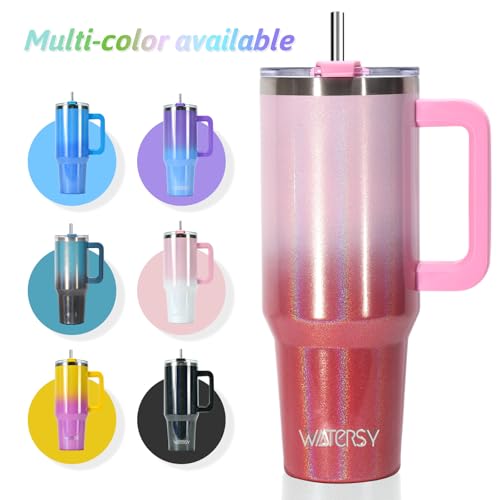 Image of 40 oz Shiny Tumbler with Handle and Straw,Stainless Steel Tumbler with Lid and Straw,Insulated Travel Mug(Cold for 34 Hours),Water Bottle for Iced Tea,Coffee (Red)