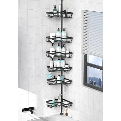 KEGII Corner Shower Organizer, 6-Tier Tension Pole Shower Caddy, Black Floor Standing Corner Shelf for Shower 25-114.2 inch, Waterproof and Rustproof Cover