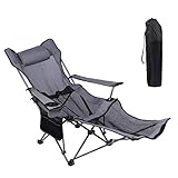 KEFOMOL Camping Lounge Chair, Portable Reclining Camping Chair, Folding Camping Chair with Footrest,Headrest & Storage Bag,Mesh Recliner with Backpack, 300lbs Weight Capacity (Gray)