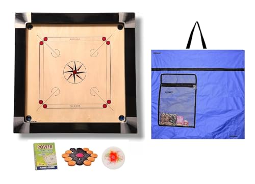 Image of Superior Matte Finish Practice Carrom Board for Serious Professional Practice with Coins Striker and Powder Black New (35 Inch with Blue Cover K1)