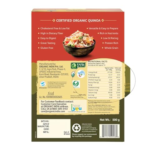 Image of A TATA Product - Organic India Quinoa - 500g | Nutrient-Rich Whole Grain | Protein-Rich | Gluten-Free | Source of Iron & Magnesium (Pack of 3)