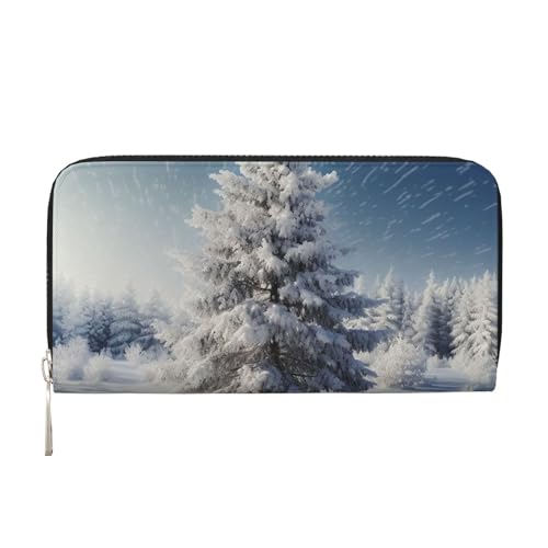 Snow Pine Tree Christmas Leather Wallet For Women Girl, Zip Around Credit Card Holder Long Pu Wallet Clutch Purse Waterproof Travel Handbag
