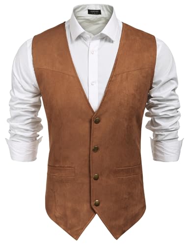 COOFANDY Men's Western Vest Suede Cowboy Vest Casual Slim Fit