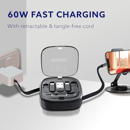 Image of AGARO Snapcase 6-in-1 Multifunctional 60W Fast Charging Case, Built-in Type-C, USB-A, Lightning & Micro-USB Cables, Phone Stand, Sim Storage, Sim Eject Pin, Travel-Friendly Charging Kit, (Black)