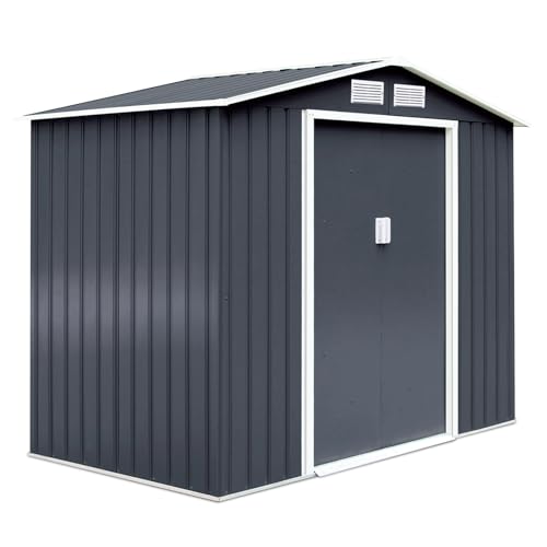 GOPLUS Metall Gerätehaus 213 x 127 x 185 cm, Gartenhaus mit Schiebetür & Fundament & Fenster, verzinkter wetterfester Geräteschuppen für Geräte & Werkzeuge, 2,37 m²/ 4,39 m³ (Grau)