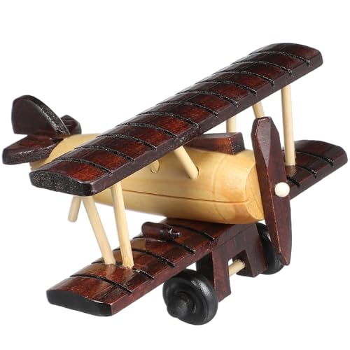 Image of DECHOUS Wooden Vintage Airplane: Small Wooden Airplane Decor Model Plane Nursery Ornament - 6x5.5x3 Inch Biplane Model for Boys Kids Room Home Desk Toy