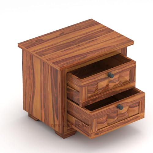 Image of Solid Sheesham Wood Bedside Table for Bedroom | Handmade Pure Wooden Bed Side Nightstand End Table with 2 Drawers Storage for Home & Bed Room | Rosewood, Honey