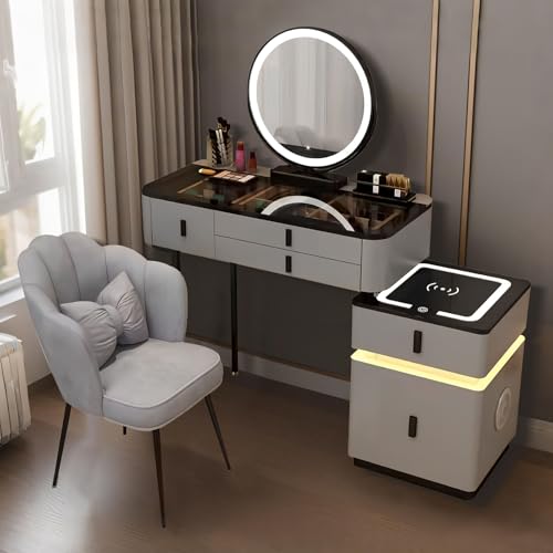 Elegante juego de mesa de maquillaje de 80 cm/100 cm con espejo y silla, escritorio de madera con parte superior de cristal, mesa de tocador con cajones y luces para dormitorio, acabado gris y negro