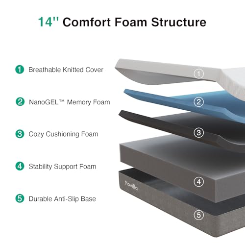 Image of Novilla 14 Inch Queen Size Gel Memory Foam Mattress in a Box, Pressure Relieving & Plush Comfort, Bliss, Grey