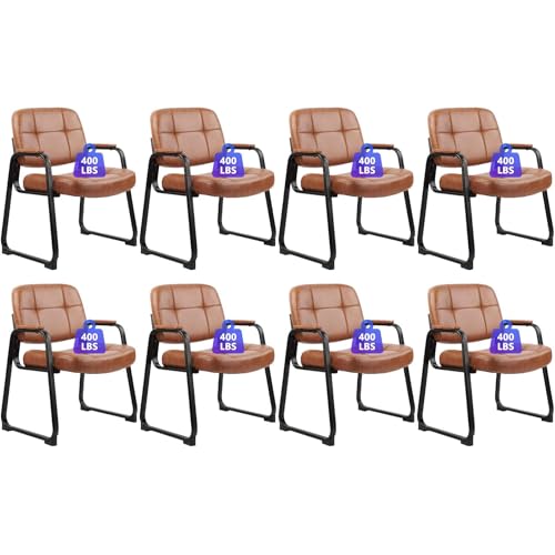 Image of CLATINA Big & Tall Waiting Room Guest Chair Comfortable Reception Chairs with Bonded Leather Padded Arm Rest and Sled Base for Office Reception Lobby and Conference Desk, Brown(8 Pack)