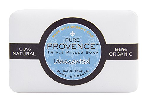 Pure Provence Natural and Organic Triple Milled Soap, Unscented, Organic Shea Butter,100% Vegetable Based Bar, Made in France, Paraben Free - 5.3oz (150g)