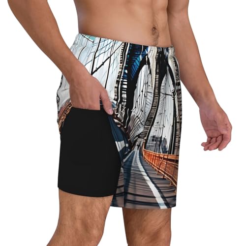 Brooklyn Bridge Print Mens Swim Shorts Trunks Inseam Compression Liner Quick Dry Zipper Pocket Black3