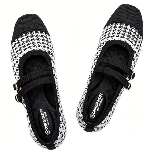 Image of Frank Mully Women's Flats Square Toe Mary Jane Shoes Ballet Flats with Strap Comfortable Slip On Knit Shoes Dressy Casual