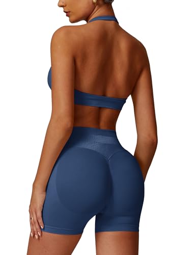 Image of ABOCIW Workout Sets for Women 2 Piece seamless Halter Sports Bra Scrunch Butt Impact Shorts Gym Yoga Outfits