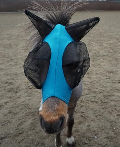 Ruggles Shetland Máscara de mosca em miniatura com orelhas, lycra elástica, proteção ocular de cavalo e pónei (água-marinha, X-Mini)