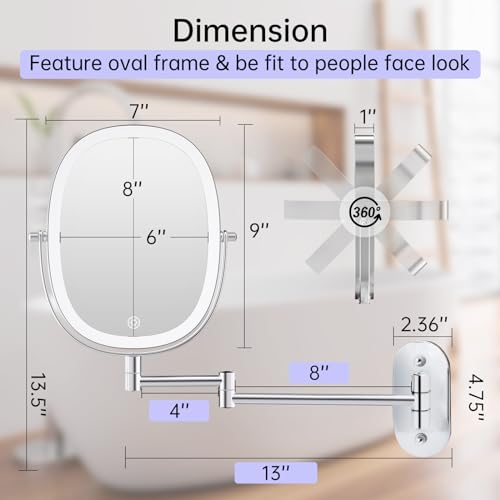 FUNTOUCH 9" Wall Mounted Lighted Makeup Mirror, Rechargeable Double Sided 1X/7X Magnifying Mirrors with Light, 3 Color Lights, Touch Dimmable, Extended Arm 360 Rotation Oval Shaving Mirror, Chrome