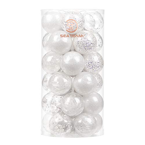 Sea Team 50 mm / 1,97"Boules de Noël en Plastique Transparent incassable Ornements de Boules de Noël décoratives avec décorations délicates farcies (30 pièces, Blanc) Cover