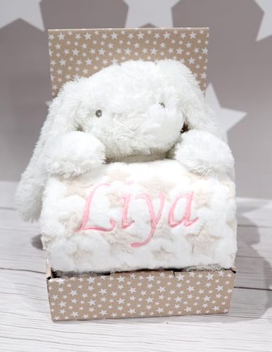 BotoBaby - Geschenk-Set - Babydecke mit Namen und Geburtsdatum + Plüschtier - Geschenk Taufe Geburt Baby-Shower (Creme - Hase)