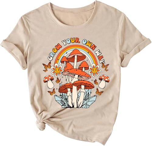 Inspirational Tees for Women Cute Mushroom Rainbow Graphic Print Flower T Shirts Autumn Casual Short Sleeve Outdoor Workout Tee Tops(Khaki XL)