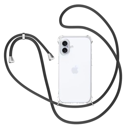 XTCASE Hülle für iPhone 16 mit Band, Transparent Silikon Handyhülle für iPhone 16 mit Kette Stossfest Schutzhülle - Schnur mit Case zum Umhängen in Schwarz